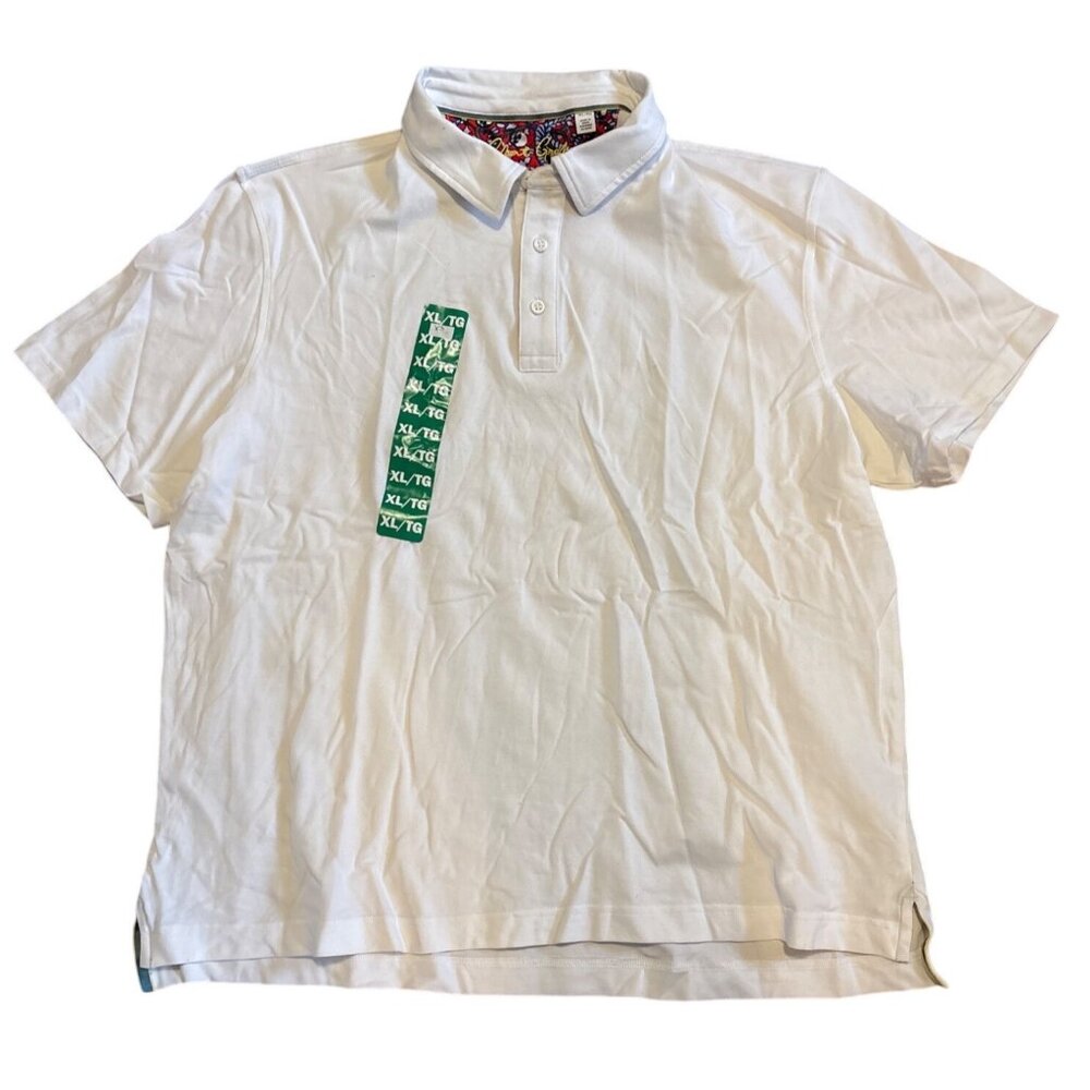 Robert Graham Polo Shirt Mens XL White Short Sleeve Cotton Blend Colorful Collar